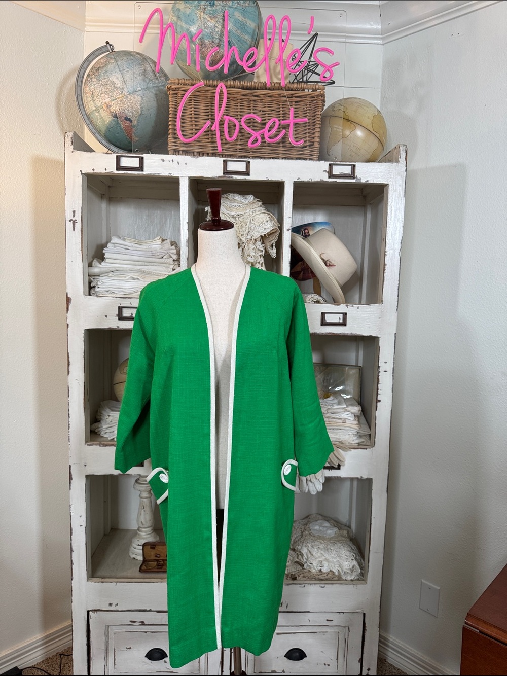 Green Open-Front Long Cardigan with White Trim